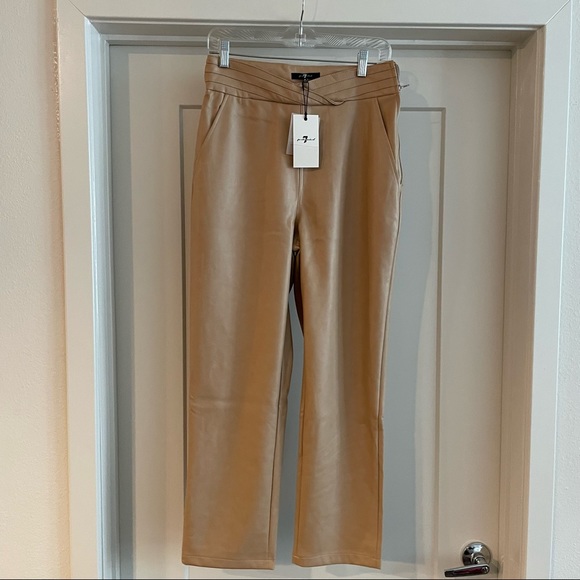 NWT 7 For All Mankind Faux Leather High Waist Ankle Pant w/ Faux Pockets in Tan - Picture 2 of 7